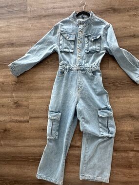 PrettyLittleThing Light Blue Denim Cargo Jumpsuit